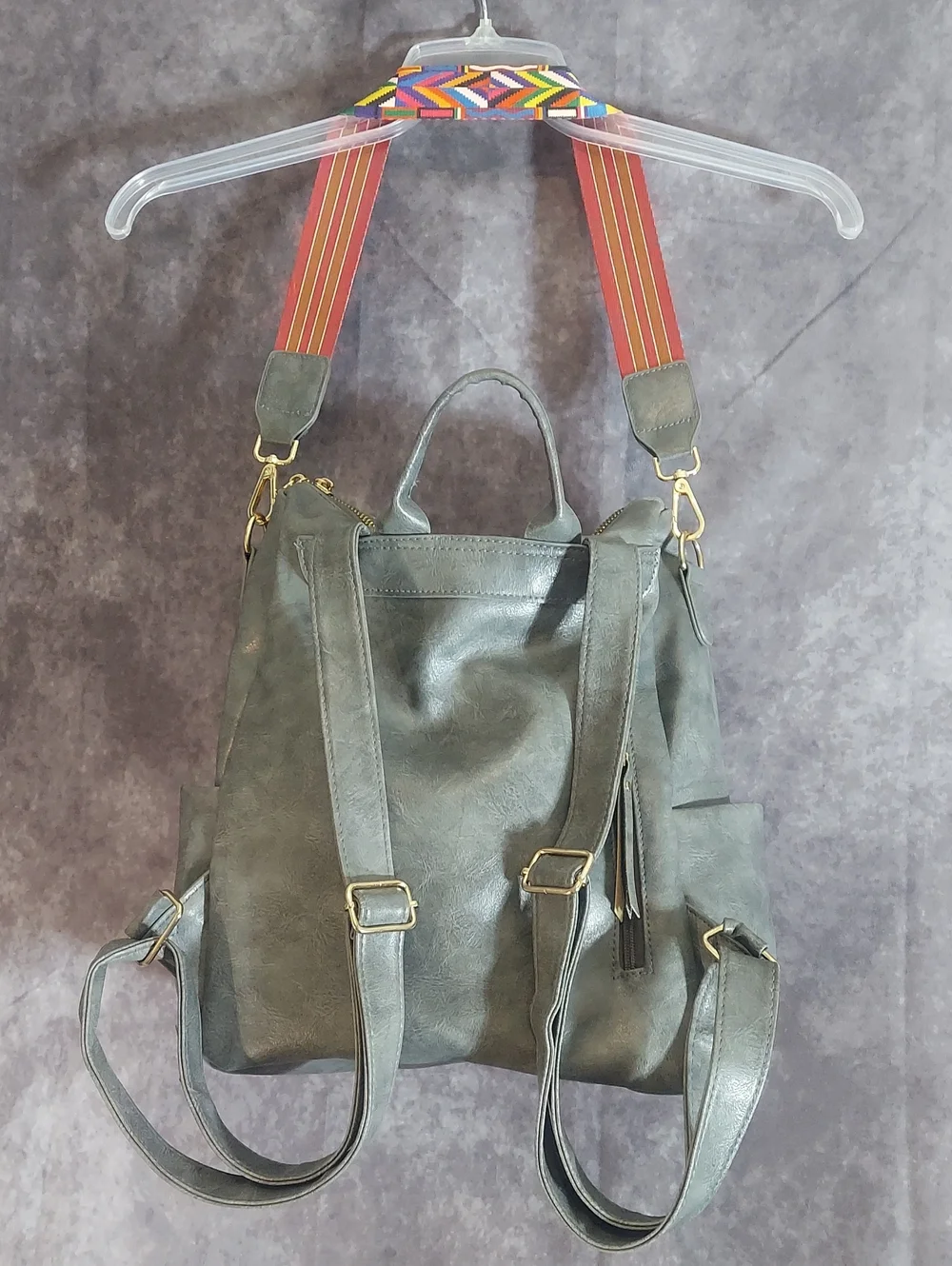 Premium Convertible Gray Faux Leather Backpack with Woven Boho Strap - EUC